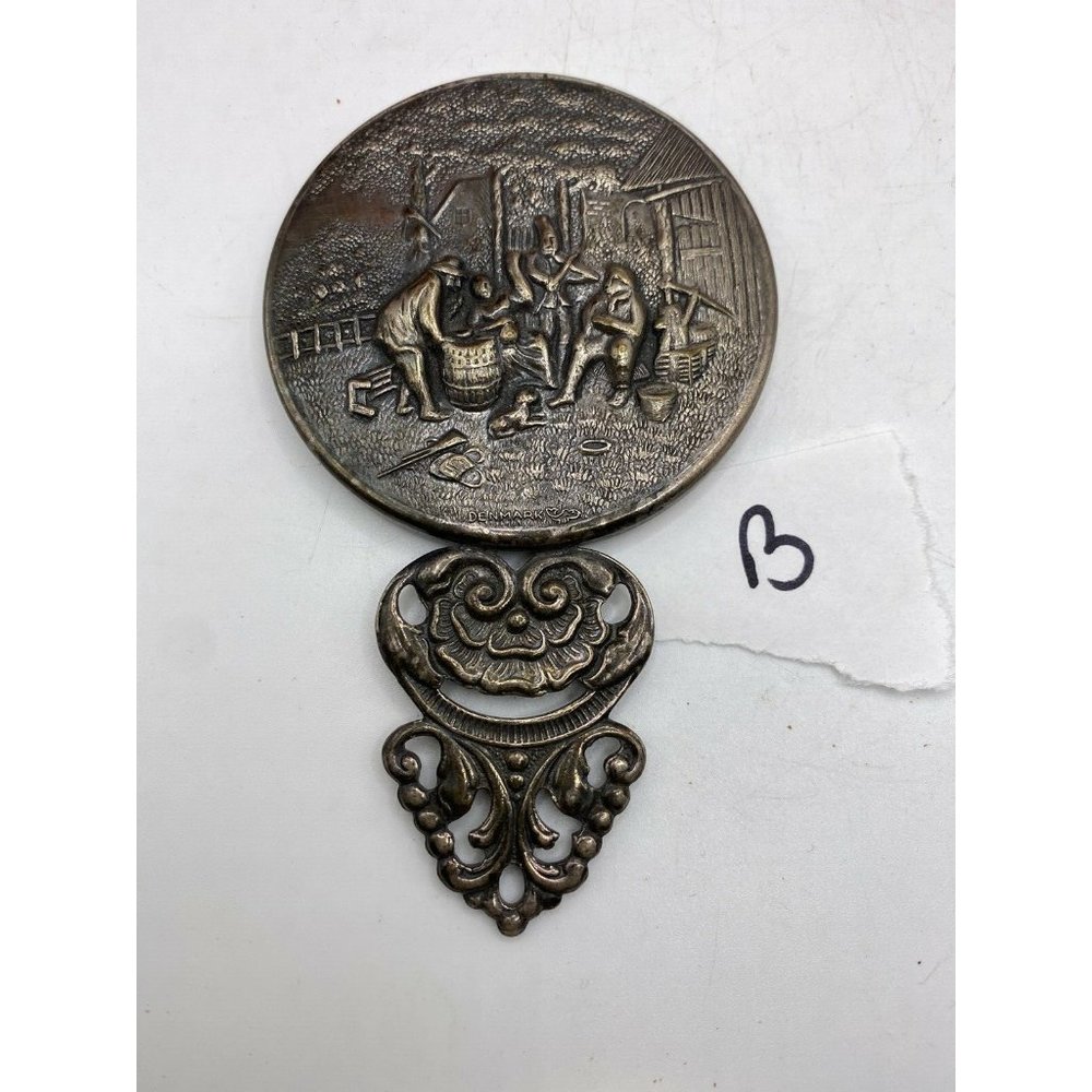 Vintage Hans Jensen Hand Pocket‎ Mirror Tavern Scene Dark Silver Plated DENMARK